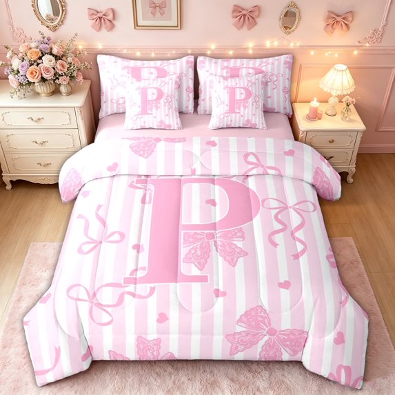 meiyoeat Coquette Bow Letter P Twin Bedding for Girls, Pink Princess Ribbon Bedding Comforter Set, Pink Reversible, 7pcs