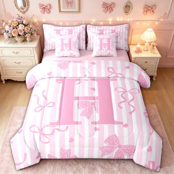 meiyoeat Coquette Bow Letter Twin Bedding for Girls, Pink Princess Ribbon Bedding Comforter Set, Pink Reversible, 7-Piece