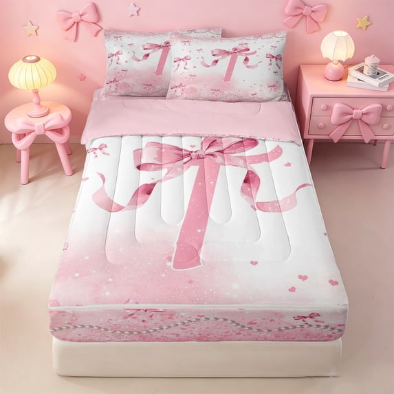 meiyoeat Coquette Bow Monogrammed T Zipper Full Size Comforter Sets with Fitted Sheet and 2 Pillowcases,Pink Pearl Initial Print Zipper Bedding Set For Girl,Pink Reversible,4 Pieces