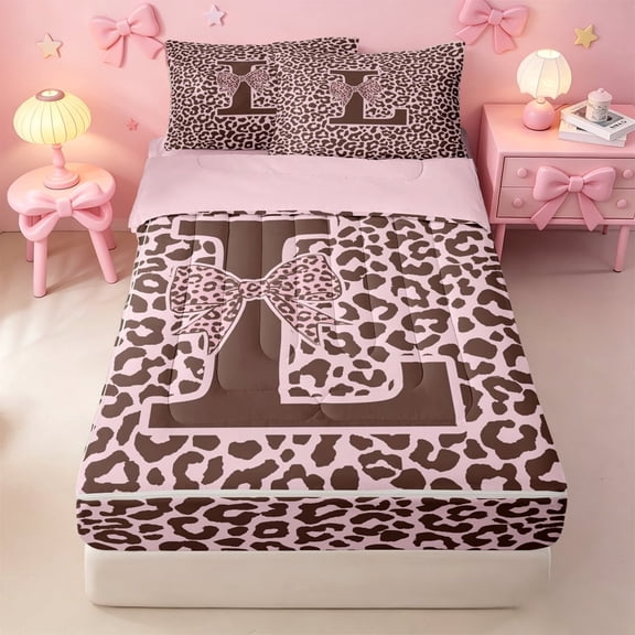 meiyoeat Coquette Bowknot Monogram L Zipper Twin Comforter Sets with Fitted Sheet and 2 Pillowcases,Pink Cheetah Animal Initial Print Zipper Bedding Set,Pink Reversible,4pcs