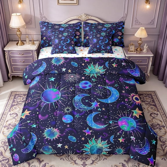 meiyoeat Cosmic Celestial 7 Pieces Full Size Bedding Sets For Men Women,Whimsical Star Print Full Size Bed in a Bag,Teal Purple Black,Colorful Stars Reversible