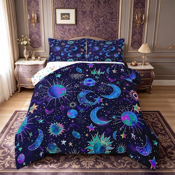 meiyoeat Cosmic Celestial Full Size Comforter Sets For Men Women,Whimsical Star Print Bedding Comforter Set,Teal Purple Black,Colorful Stars Reversible,3-Piece,1 Comforter and 2 Pillowcases