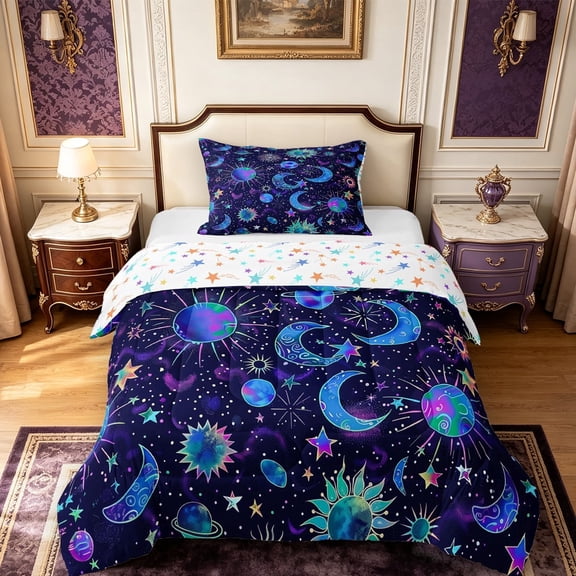 meiyoeat Cosmic Celestial Twin Comforter Sets For Men Women,Whimsical Star Print Bedding Set,Teal Purple Black,Colorful Stars Reversible,2pcs,1 Comforter and 1 Pillowcase