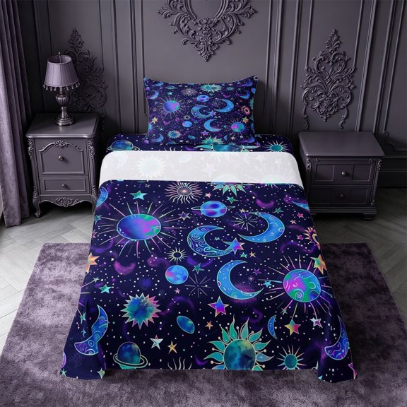 meiyoeat Cosmic Celestial Twin Sheets For Men Women,Whimsical Star Print Bedding,Teal Purple Black,3pcs1 Flat Sheet, 1 Fitted Sheet and 1 Pillowcase