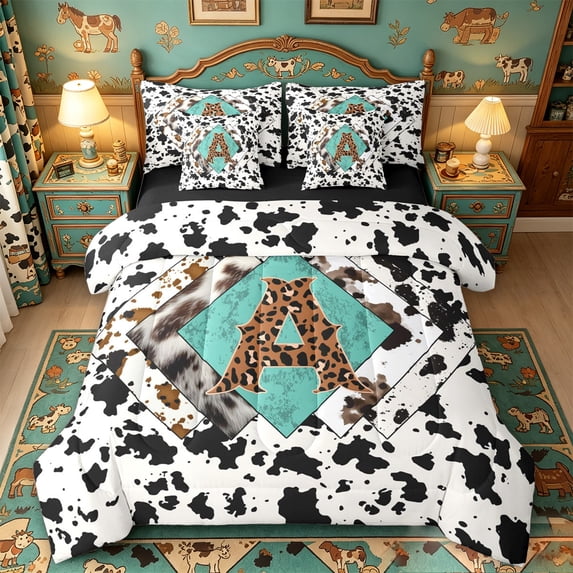 meiyoeat Cow Print Monogram A 7-Piece Twin Bedding For Boys,Western Leopard Initial Bedding Comforter Set,Black Reversible