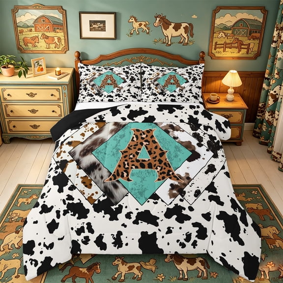 meiyoeat Cow Print Monogram A Full Size Comforter Sets For Boys,Western Leopard Initial Bedding Comforter Set,Black Reversible,3pcs,1 Comforter and 2 Pillowcases