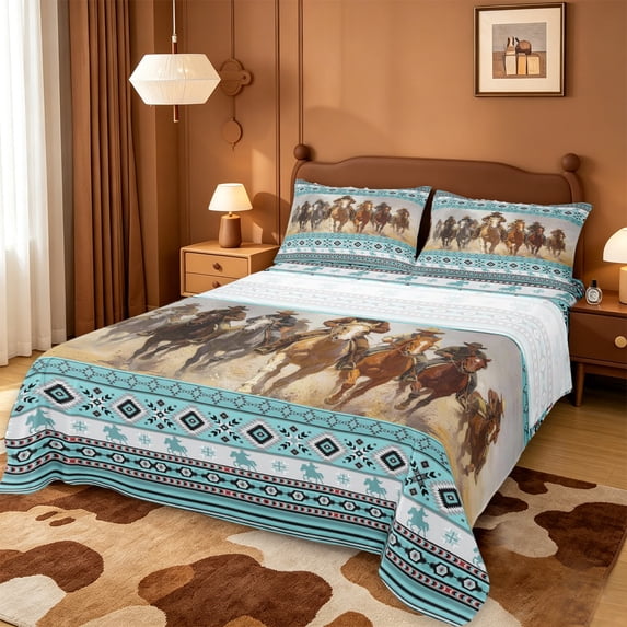 meiyoeat Cowboy Horse Aztec Border Print Bed Sheets For Boys,Western Farm Pattern Full Size Sheets,4-Piece,1 Flat Sheet,1 Fitted Sheet and 2 Pillowcases