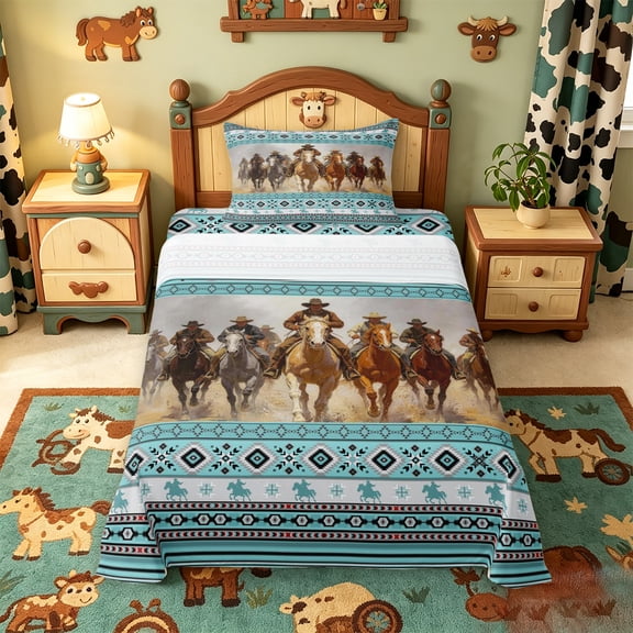meiyoeat Cowboy Horse Aztec Border Print Twin Sheets For Boys,Western Farm Pattern Bedding,3pcs,1 Fitted Sheet and 1 Pillowcase