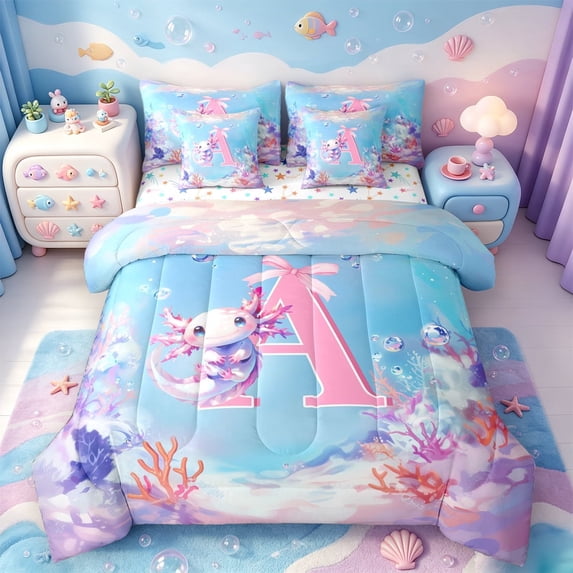Monogramen meiyoeat Cute Axolotl 7-Piece Twin Bedding For Girls,Pink 3D Cartoon ...