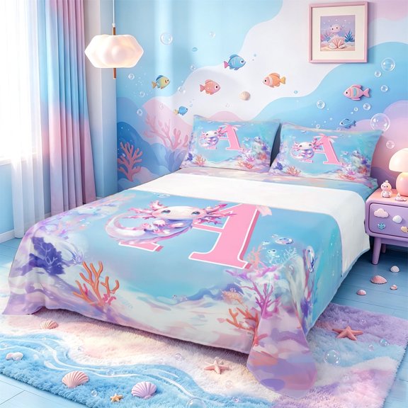 meiyoeat Cute Axolotl Bed Sheets For Girls,Pink 3D Cartoon Monogrammed A Full Size Sheets,4-Piece1 Flat Sheet, 1 Fitted Sheet and 2 Pillowcases