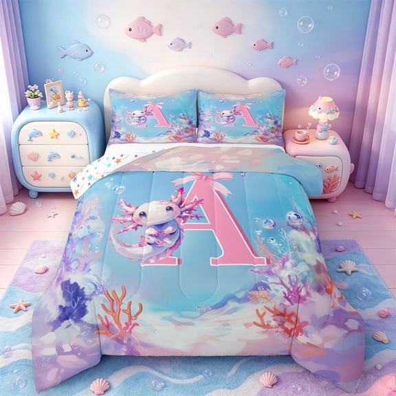 meiyoeat Cute Axolotl Full Size Comforter Sets For Girls,Pink 3D Cartoon Monogrammed A Bedding Comforter Set,Colorful Stars Reversible,3-Piece,1 Comforter and 2 Pillowcases