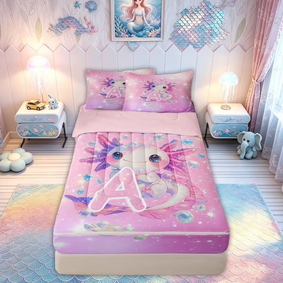meiyoeat Cute Axolotl Letter A Print Zipper Comforter Set with Fitted Sheet and 2 Pillowcases for Boys Girls, Galaxy Animal Zipper Bedding Set, Pink Purple, Pink Reversible, 3-Piece