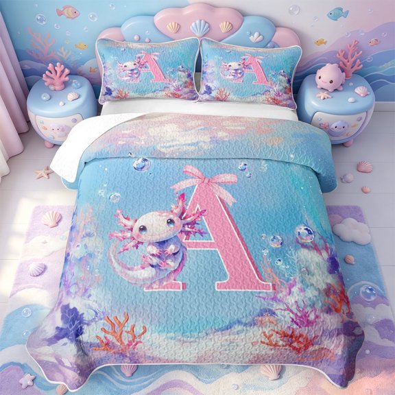 meiyoeat Cute Axolotl Quilt Full For Girls,Pink 3D Cartoon Monogrammed A Full Bedspread Sets,3-Piece,1 Coverlet and 2 Pillowcases