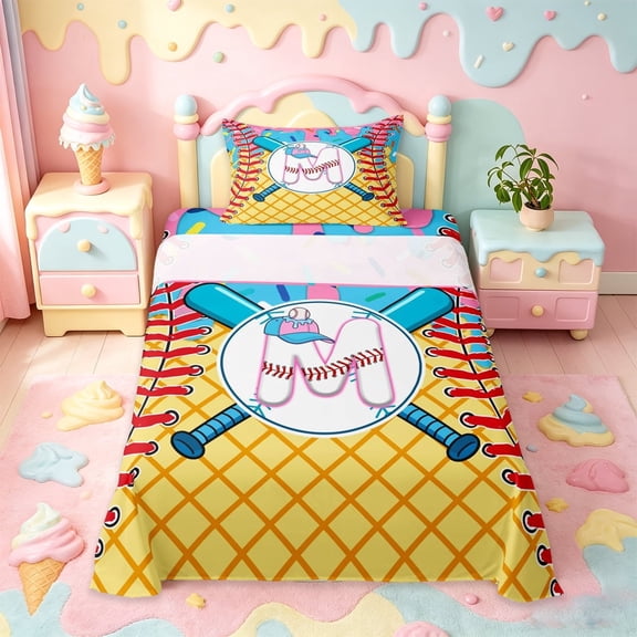 meiyoeat Cute Baseball Monogrammed M Twin Sheet Sets For Girls,Colorful Ice Cream Drip Bedding For Girls Kids,3-Piece