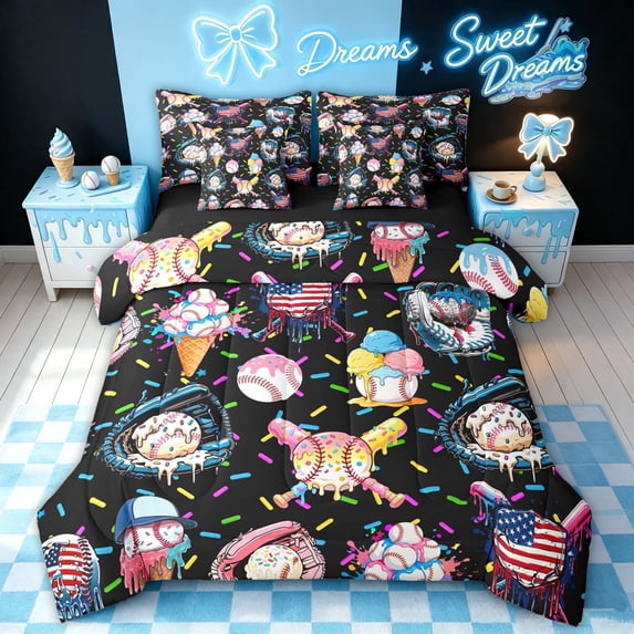 meiyoeat Cute Baseball US Flag Full Size Bedding Sets for Boys, Sprinkle Ice Cream Drip Full Size Bed in a Bag, Black Reversible, 7pcs