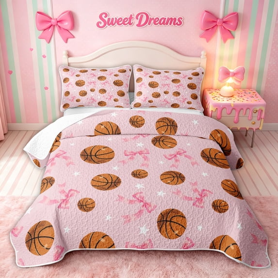 meiyoeat Cute Basketball Quilt King for Girls, Kawaii Pink Bow Star King Coverlet Set, 3-Piece, 1 Comforter and 2 Pillowcases