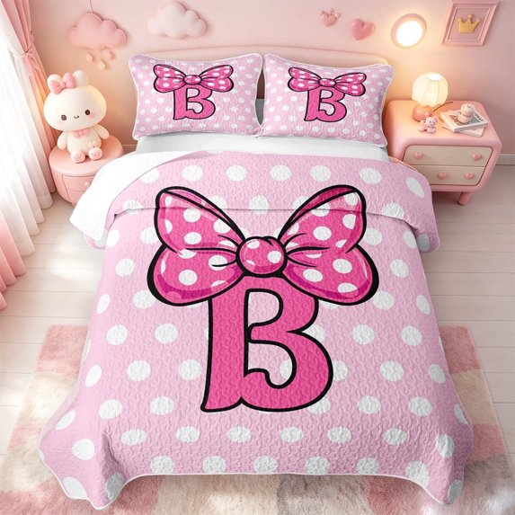 meiyoeat Cute Bow Initial B Quilt Full For Girls,Pink Polka Dot Monogram Art Full Bedspread Sets,3pcs,1 Coverlet and 2 Pillowcases