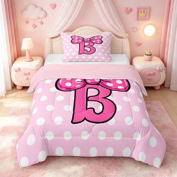 meiyoeat Cute Bow Initial B Twin Comforter Sets For Girls,Pink Polka Dot Monogram Art Bedding Set,Pink Reversible,2 Pieces,1 Comforter and 1 Pillowcase