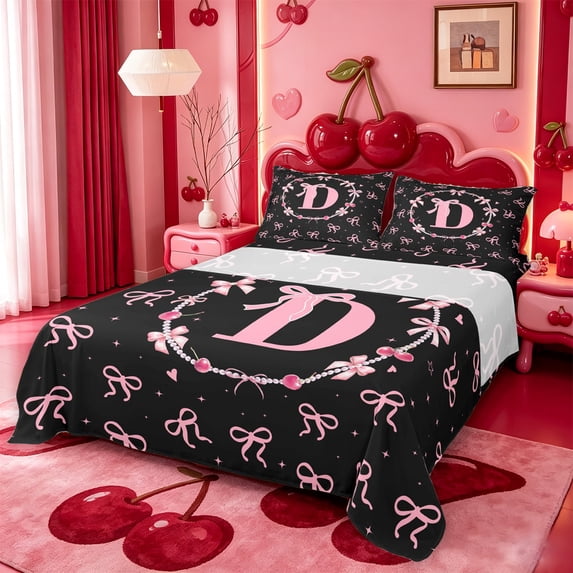 meiyoeat Cute Bow Initial D Bed Sheets,Dreamy Princess Style Full Size Sheets For Girl,4-Piece,1 Flat Sheet,1 Fitted Sheet and 2 Pillowcases