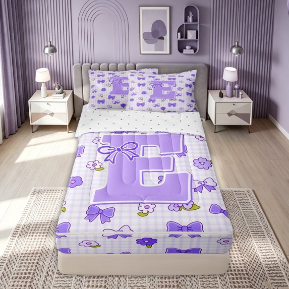 meiyoeat Cute Bow Letter E Zipper Comforter Set with Fitted Sheet and 2 Pillowcases, Floral Plaid Zipper Bedding Set for Kids Girls, Purple, Reversible, 3 Pieces