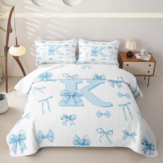 meiyoeat Cute Bow Letter K Twin Quilt Set for Girls, Watercolor Ribbon Twin Coverlet Set for Bedroom, Blue, 2-Piece