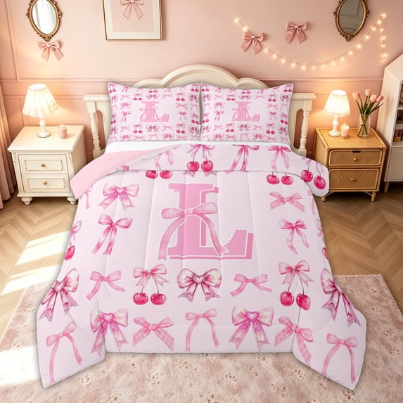 meiyoeat Cute Bow Letter L King Size Comforter Sets, Bowknot Cherry Comforters King Size, Pink, Pink Reversible, 3-Piece, 1 Comforter and 2 Pillowcases