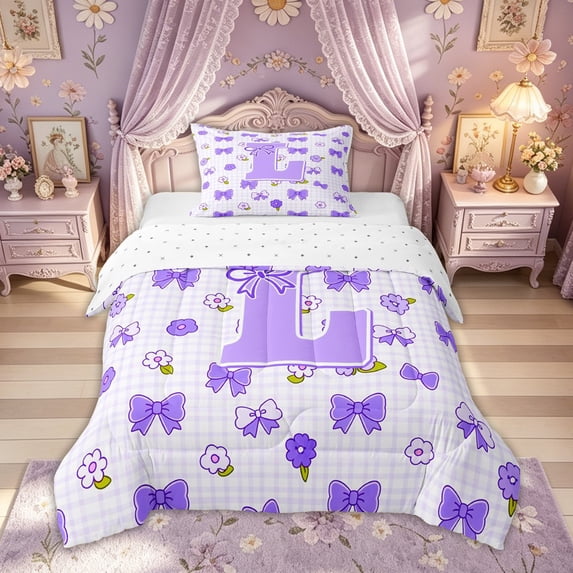 meiyoeat Cute Bow Letter L Twin Comforter Sets, Floral Plaid Bedding Set for Kids Girls, Purple, Reversible, 2pcs, 1 Comforter and 1 Pillowcase