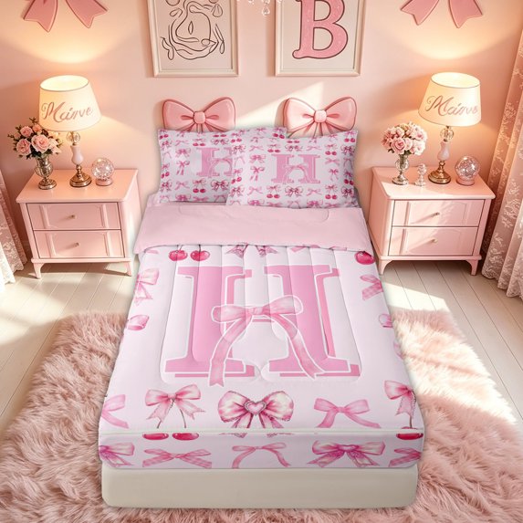 meiyoeat Cute Bow Letter Zipper Comforter Set with Fitted Sheet and 2 Pillowcases for Kids, Bowknot Cherry Zipper Bedding Set for Bedroom, Pink, Pink Reversible, 3pcs