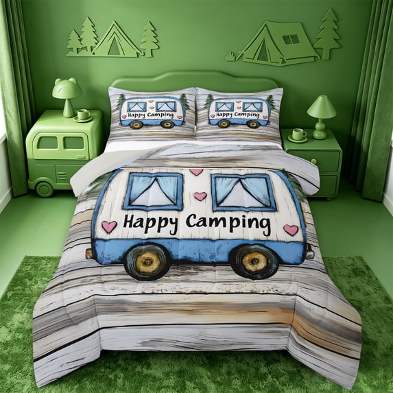meiyoeat Cute Camping Full Size Comforter Sets For Boys,Heart Camper Print Bedding Comforter Set,Light Gray Reversible,3-Piece,1 Comforter and 2 Pillowcases