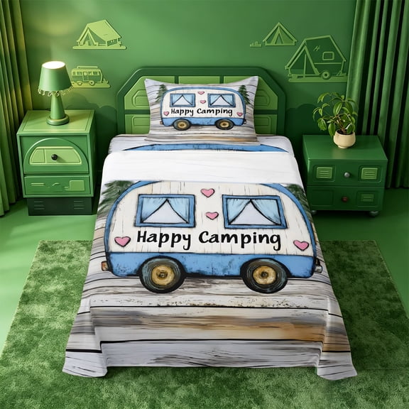 meiyoeat Cute Camping Twin Sheets For Boys,Heart Camper Print Bedding,3pcs,1 Fitted Sheet and 1 Pillowcase