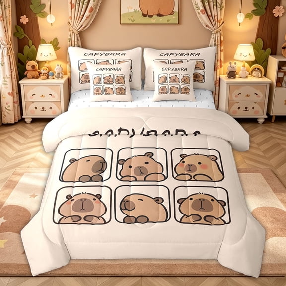 meiyoeat Cute Capybara Animal Twin Bedding for Kids Girls, Kawaii Cartoon Style Bedding Comforter Set, Beige, Reversible, 7-Piece