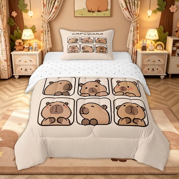 meiyoeat Cute Capybara Animal Twin Comforter Sets for Kids Girls, Kawaii Cartoon Style Bedding Set, Beige, Reversible, 2-Piece