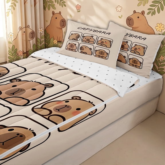 meiyoeat Cute Capybara Animal Zipper Twin Comforter Sets with Fitted Sheet and 2 Pillowcases for Kids Girls, Kawaii Cartoon Style Zipper Bedding Set, Beige, ReversibleG