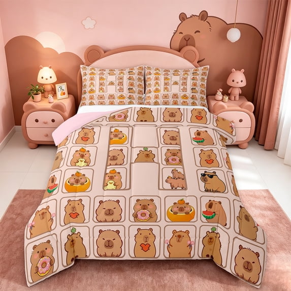 meiyoeat Cute Capybara Full Size Comforter Sets,Kawaii Alphabet Print Bedding Comforter Set,Pink Reversible,3 Pieces,1 Comforter and 2 Pillowcases