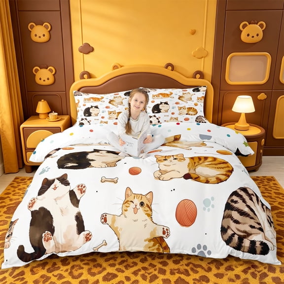 meiyoeat Cute Cartoon Kitten Bedding,Cute Animal Cat Duvet Cover Full For Girl,Reversible,3pcs,1 Duvet Cover and 2 Pillowcases