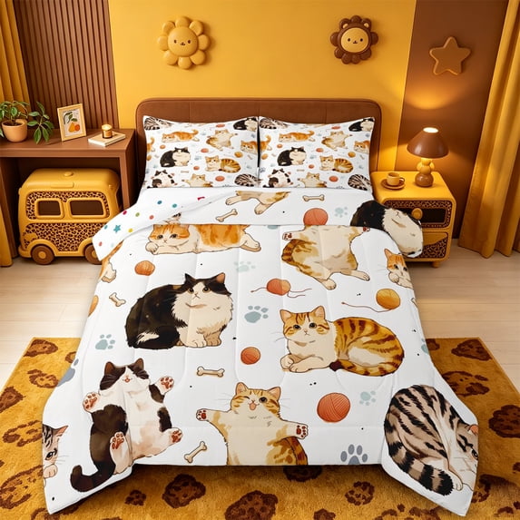 meiyoeat Cute Cartoon Kitten King Size Comforter Sets,Cute Animal Cat Comforters King Size For Girl,Reversible,3 Pieces,1 Comforter And 2 Pillowcases