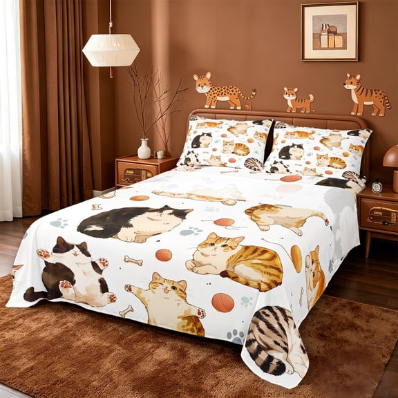 meiyoeat Cute Cartoon Kitten Queen Sheets,Cute Animal Cat Queen Sheet Sets For Girl,4-Piece,1 Flat Sheet,1 Fitted Sheet And 2 Pillowcases
