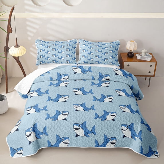 meiyoeat Cute Cartoon Shark Quilt Full for Boys Girls, Kawaii Underwater Animal Full Bedspread Sets, Sky Blue, 3-Piece