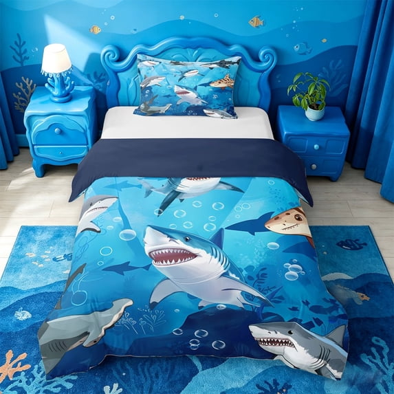 meiyoeat Cute Cartoon Shark Twin Duvet Cover For Boys,Watercolor Ocean Theme Twin Bedding For Kids,Navy Blue Reversible,2pcs(No Comforter)