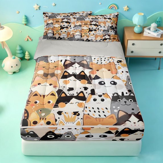 meiyoeat Cute Cat Pattern Zipper Full Size Comforter Sets with Fitted Sheet and 2 Pillowcases,Colorful Pet Print Zipper Bedding Set,Light Gray Reversible,4pcs