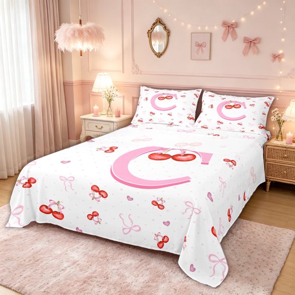 meiyoeat Cute Cherry Letter C Bed Sheets for Girls, Bowknot Fruit Full Size Sheets, Pink, 4-Piece, 1 Flat Sheet, 1 Fitted Sheet and 2 Pillowcases