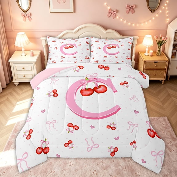 meiyoeat Cute Cherry Letter C Queen Comforter Set for Girls, Bowknot Fruit Comforter Sets Queen, Pink, Pink Reversible 3-Piece, 1 Comforter and 2 Pillowcases