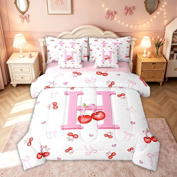 meiyoeat Cute Cherry Letter H Full Size Bedding Sets for Kids, Bowknot Fruit Full Size Bed in a Bag for Kids, Pink, Pink Reversible, 7pcs