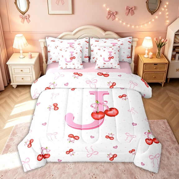 meiyoeat Cute Cherry Letter J Full Size Bedding Sets for Kids, Bowknot Fruit Full Size Bed in a Bag for Bedroom, Pink, Pink Reversible, 7 Pieces