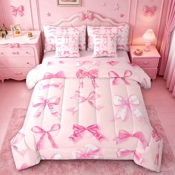 meiyoeat Cute Coquette Bow 7-Piece Twin Bedding For Girls Kids,Pink Ribbon Bowtie Bedding Comforter Set For Bowknot Lovers,Pink Reversible