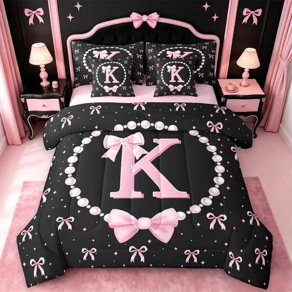 meiyoeat Cute Coquette Bow 7-Piece Twin Bedding For Kids,Pink Ribbon Bowtie Initial Letter K Bedding Comforter Set,Pink Reversible