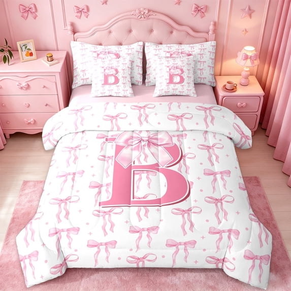 meiyoeat Cute Coquette Bow 7 Pieces Bedding Comforter Set For Girls,Pink Initial Latter B Full Bedding Set For Kids,pink Reversible