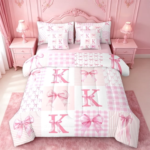 meiyoeat Cute Coquette Bow 7 Pieces Full Size Bedding Sets For Kids,Pink Bowknot Initial Letter K Full Size Bed in a Bag,Pink Reversible