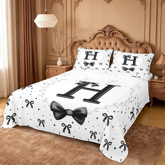 meiyoeat Cute Coquette Bow Bed Sheets For Kids,Black Ribbon Bowtie Initial Letter H Full Size Sheets,4-Piece