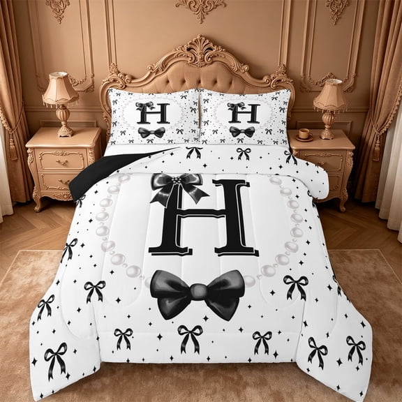 meiyoeat Cute Coquette Bow Full Size Comforter Sets For Kids,Black Ribbon Bowtie Initial Letter H Bedding Comforter Set,Black Reversible,3-Piece